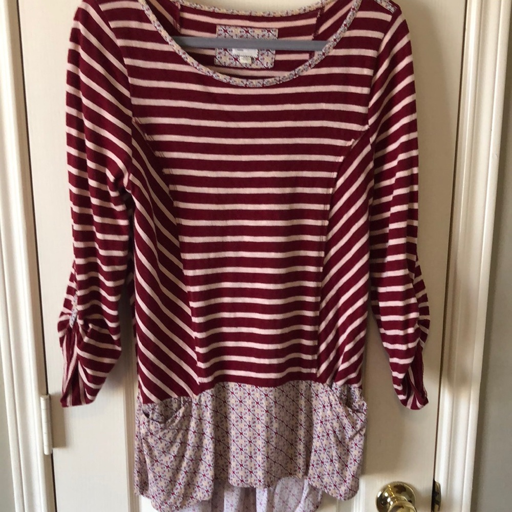 Anthropologie Red And Cream Striped Tunic Shirt